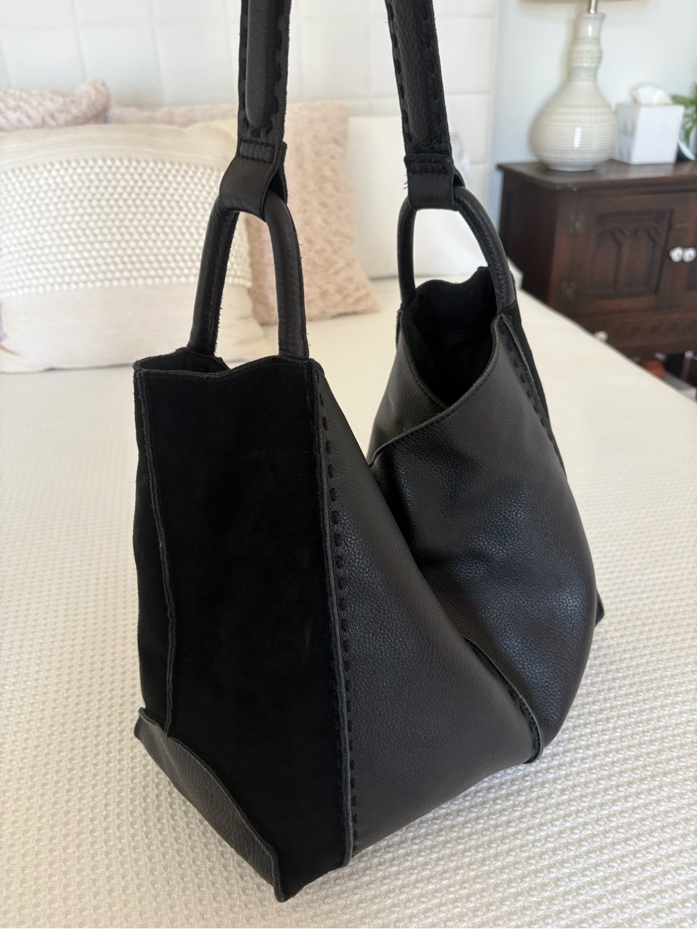 The Sak Los Feliz Black Leather & Suede Shoulder Hobo Tote Bag Boho - Picture 3 of 10